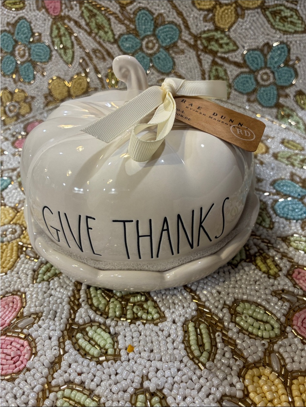 Rae Dunn Cream "Give Thanks" Pumpkin Butter Dish